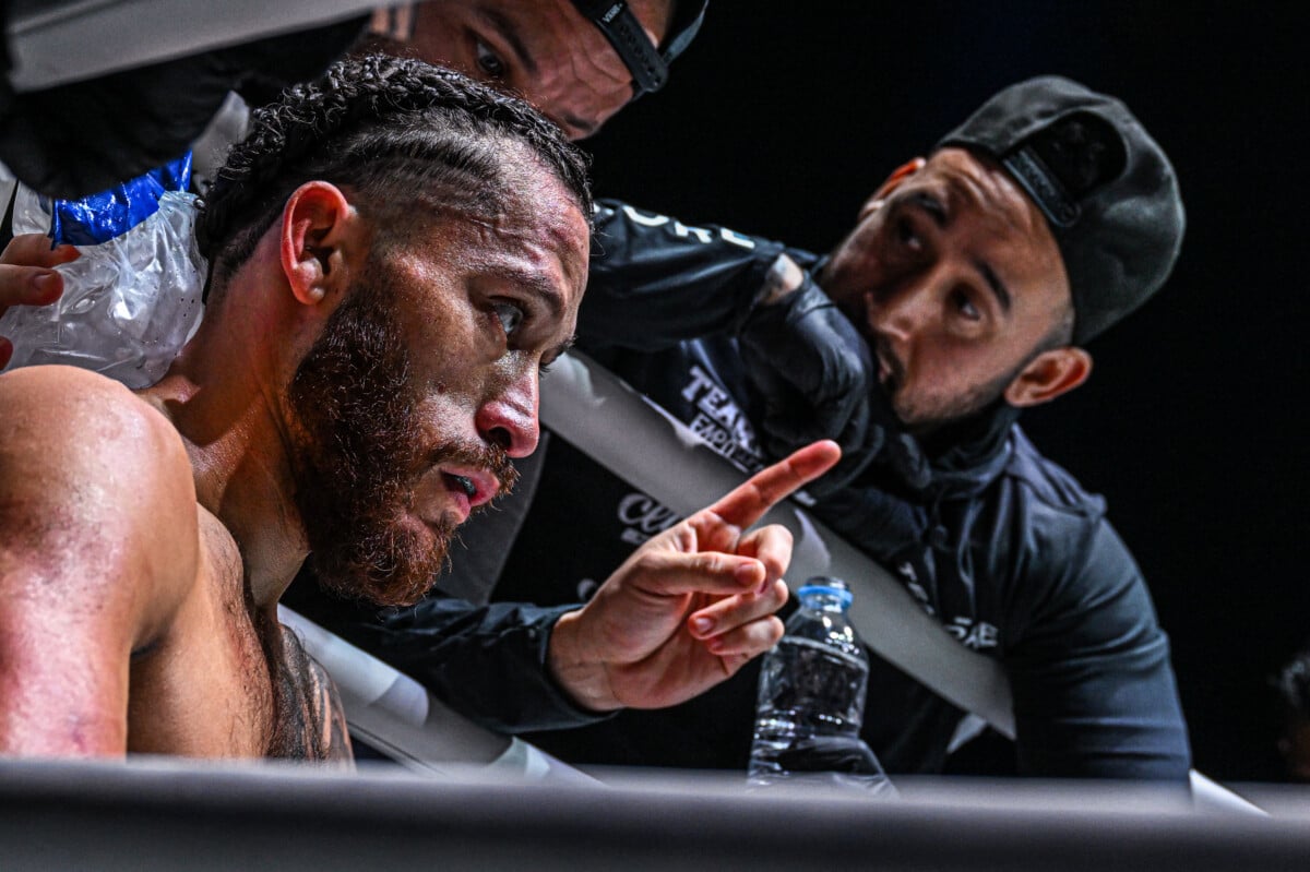 Diego Paez receives advice from his corner during his battle at ONE Fight Night 28.