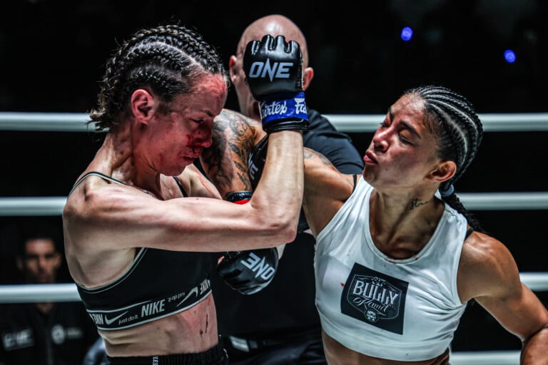 Allycia Hellen Rodrigues elbows Marie McManamon at ONE Fight Night 29