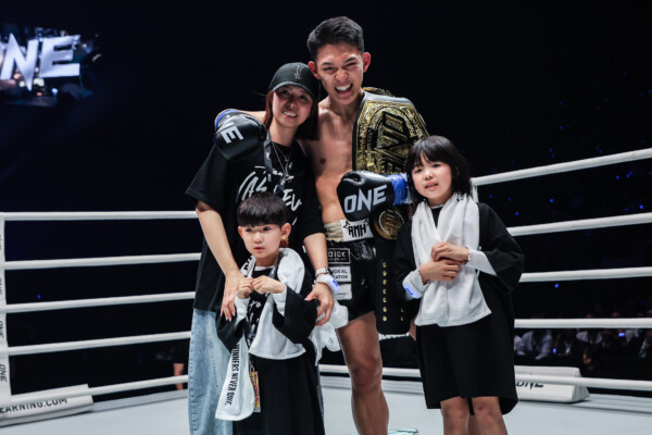 Masaaki Noiri celebrates with his family following his victory at ONE 172.