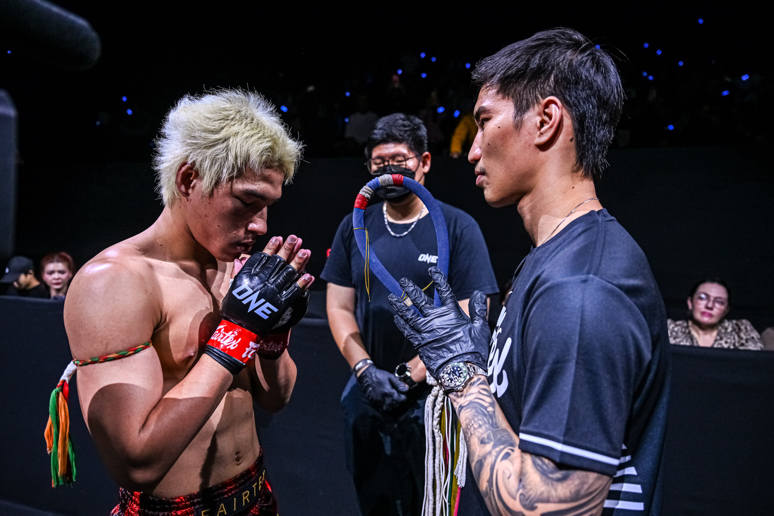 Yod IQ Or Pimolsri shares a moment with Tawanchai ahead of his clash against Petru Morari at ONE Friday Fights 99