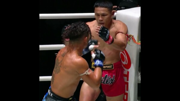 FROZEN  Suriyanlek puts Rambong to sleep against the ropes!