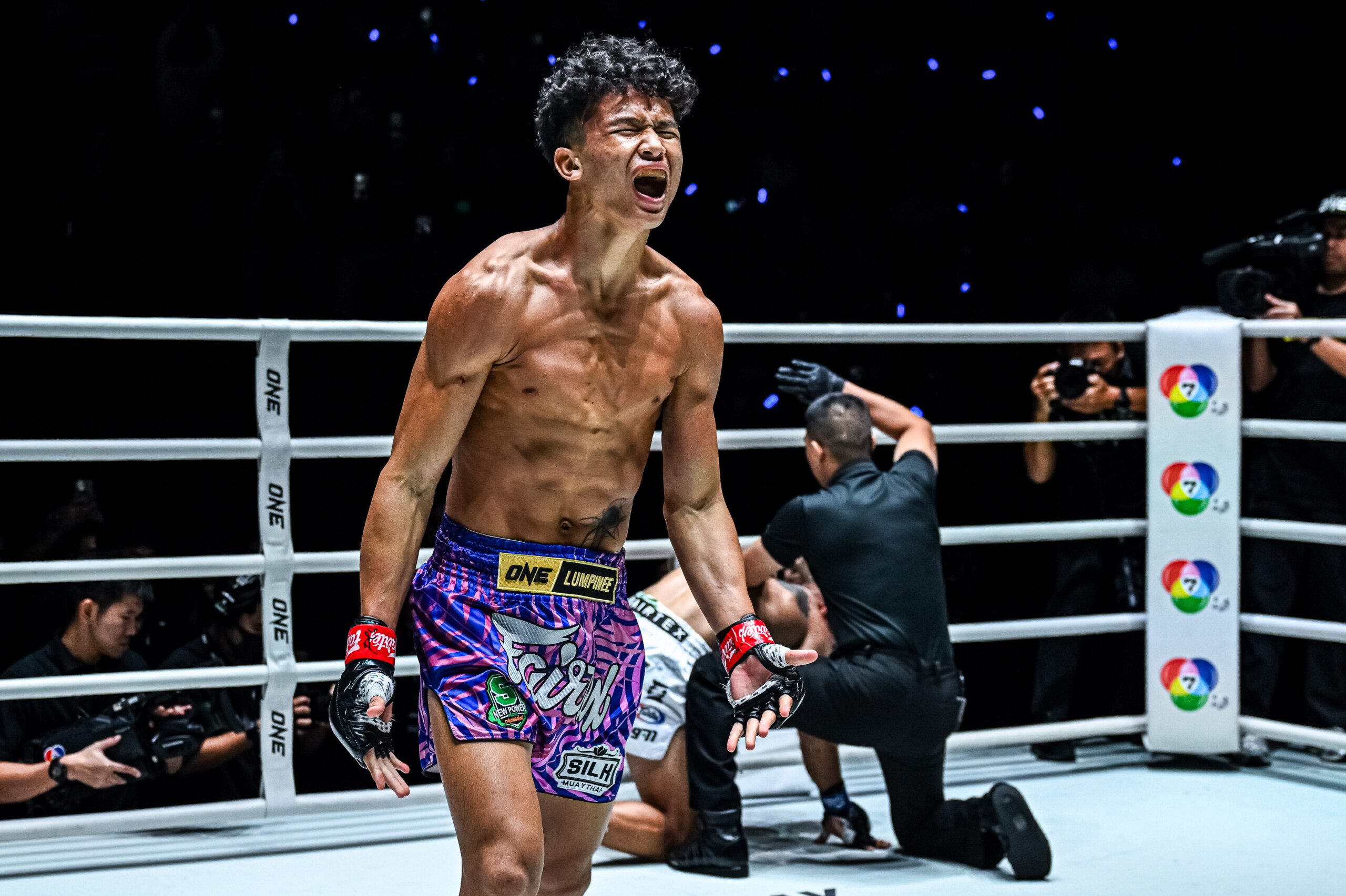 Muay Thai star Detchawalit Silkmuaythai celebrates his victory in the ring