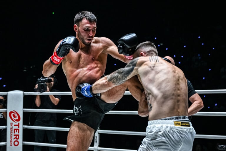Bogdan Shumarov launches a knee at Maciej Karpinski at ONE Friday Fights 127