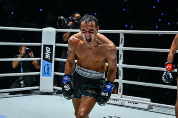 Jonathan Di Bella celebrates inside the ring after defeating Prajanchai PongSuphan PK at ONE Fight Night 36