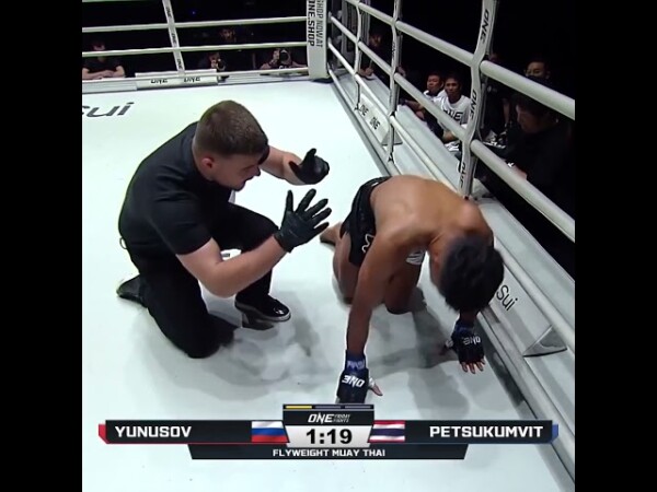 BLAZING FAST  Teen phenom Rustam Yunusov improves to 15 0 with a first round KO of Petsukumvit!