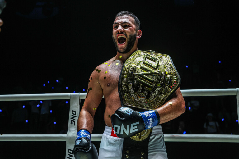 Heavyweight kickboxer Samet Agdeve celebrates after defeating Roman Kryklia at ONE Fight Night 37
