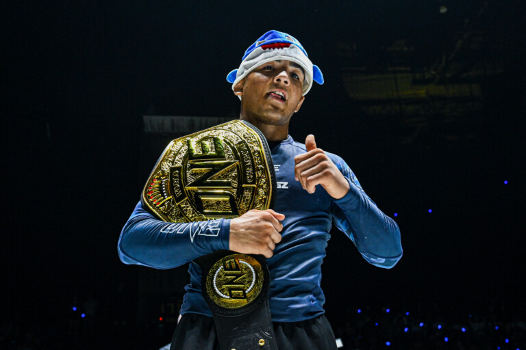 Diogo Reis shows off his ONE Flyweight Submission Grappling World Title