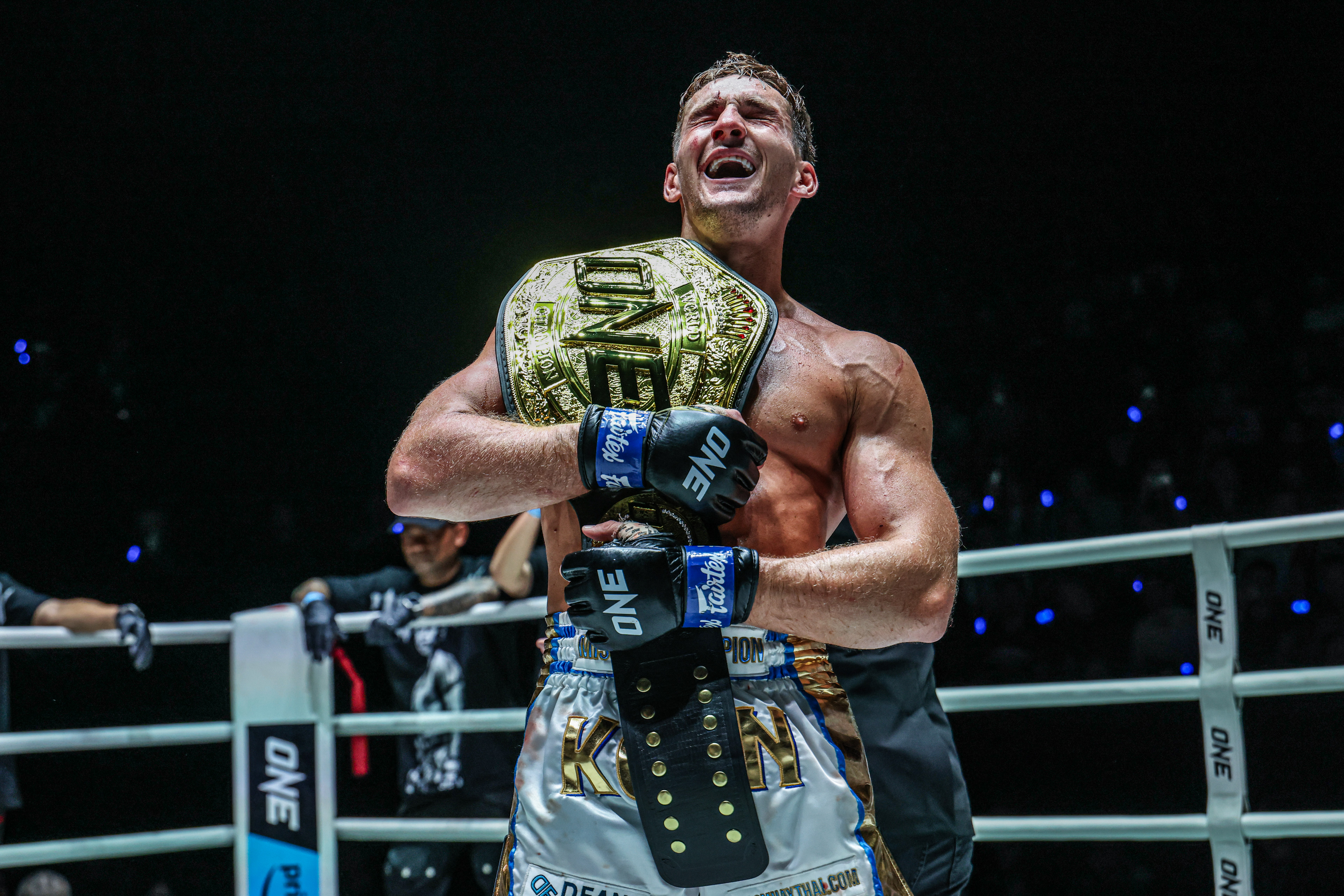Nico Carrillo celebrates his World Title win over Shadow Mavinn at ONE Fight Night 40.