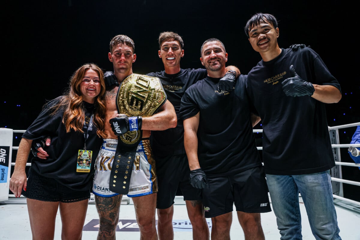 Nico Carrillo celebrates his World Title win over Shadow Mavinn at ONE Fight Night 40.