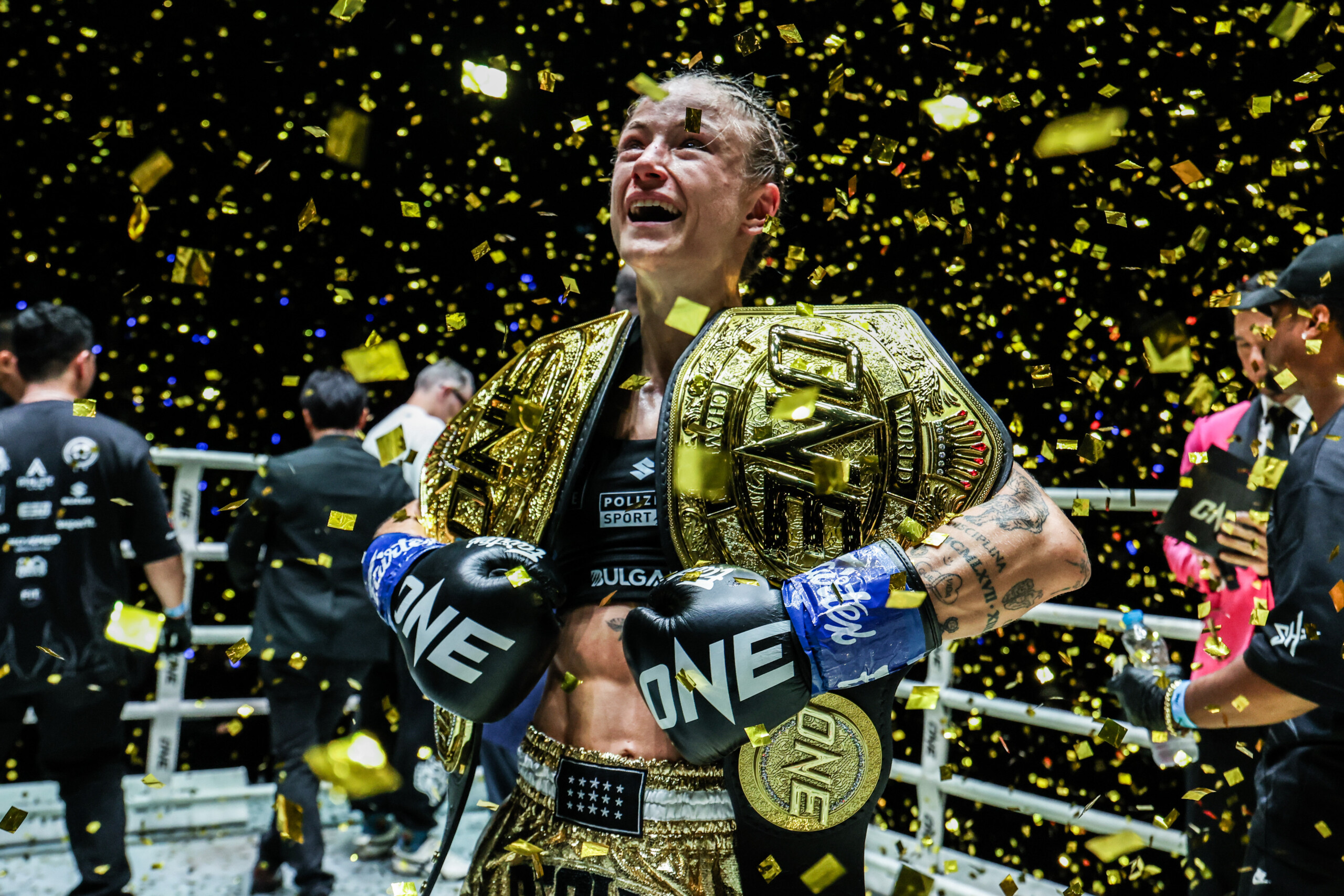 Stella Hemetsberger celebrates her World Title win over Jackie Buntan at ONE Fight Night 40.