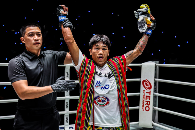 Har Ling Om gets his hand raised after overcoming Khunsuk T1 Fight Academy at ONE Friday Fights 149.