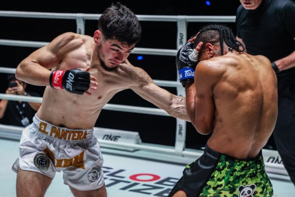 Undefeated Muay Thai star Aslamjon Ortikov punches Jordan Estupinan at ONE Fight Night 43