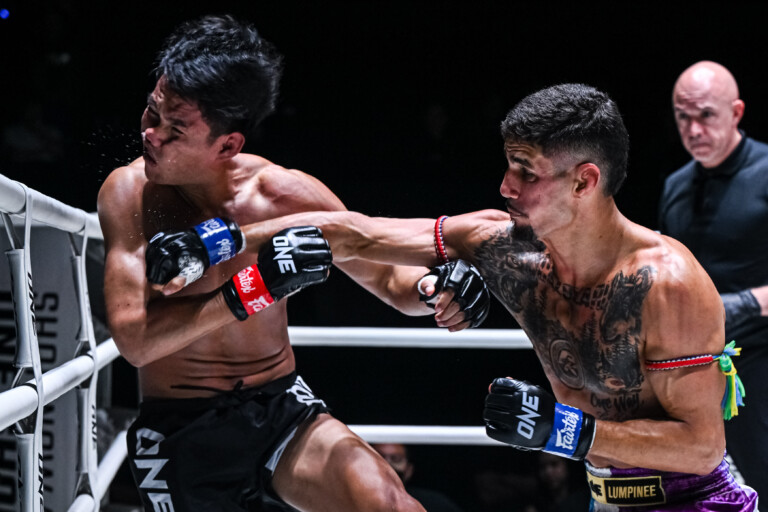 Julio Lobo slams a wicked right hand smack on Kongklai Sor Sommai's jaw at ONE Friday Fights 152