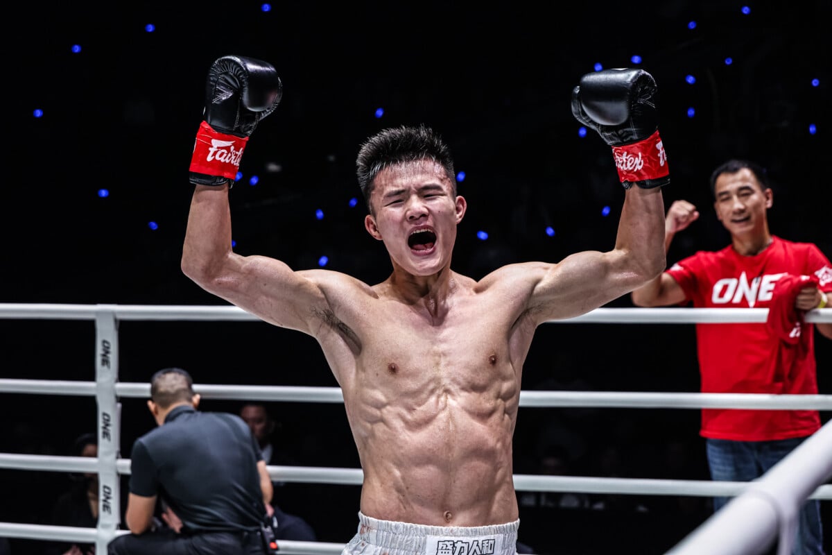 Luo Chao celebrates after fight with Denis Souza Jr. at ONE Fight Night 43