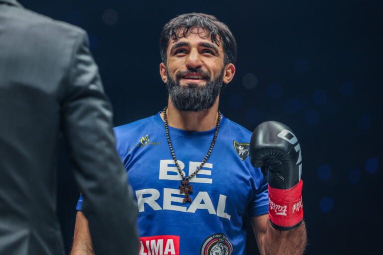 Kickboxing star Marat Grigorian is interviews in the ring after his win