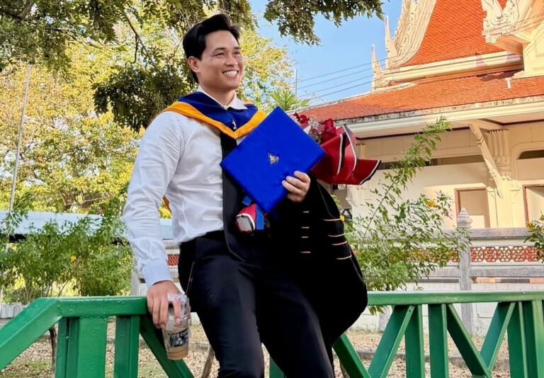 Petchtanong Petchfergus celebrates after completing his Master’s degree in Public Administration from Thongsuk College.