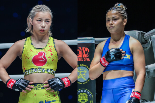 Split screen of MMA fighters Ayaka Miura and Victoria Souza