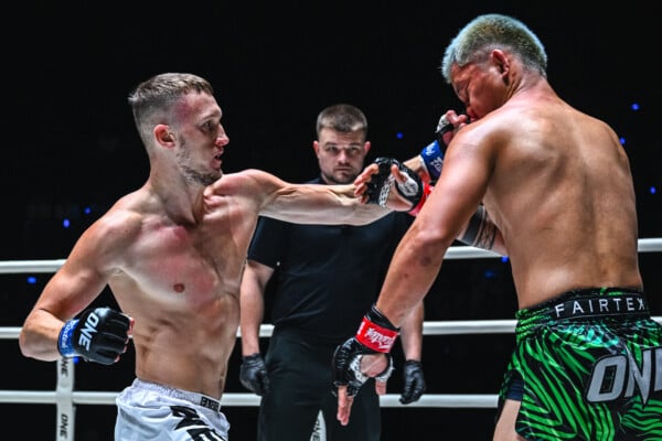 Denis Dotsenko finds a home for his left punch against Petgarfield Jitmuangnon at ONE Friday Fights 159.