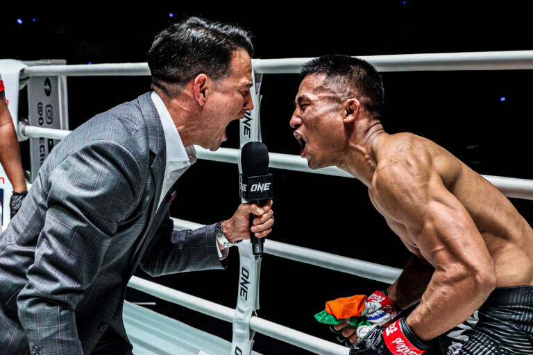 Nazareth “The Northstar” Lalthazuala celebrates his win with Mitch Chilson at ONE Friday Fights 157.