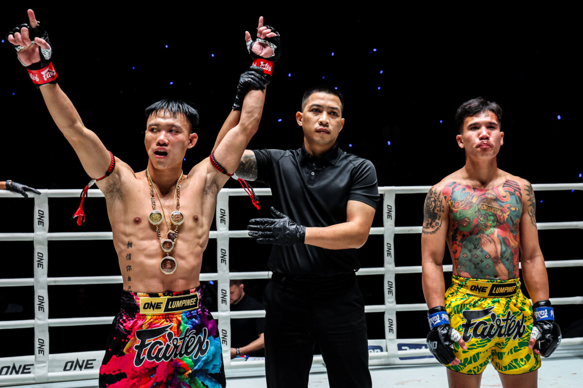 Wanchainoi Pongsuphan PK celebrates his win over Dokmaipa Santiubon at ONE Friday Fights 160