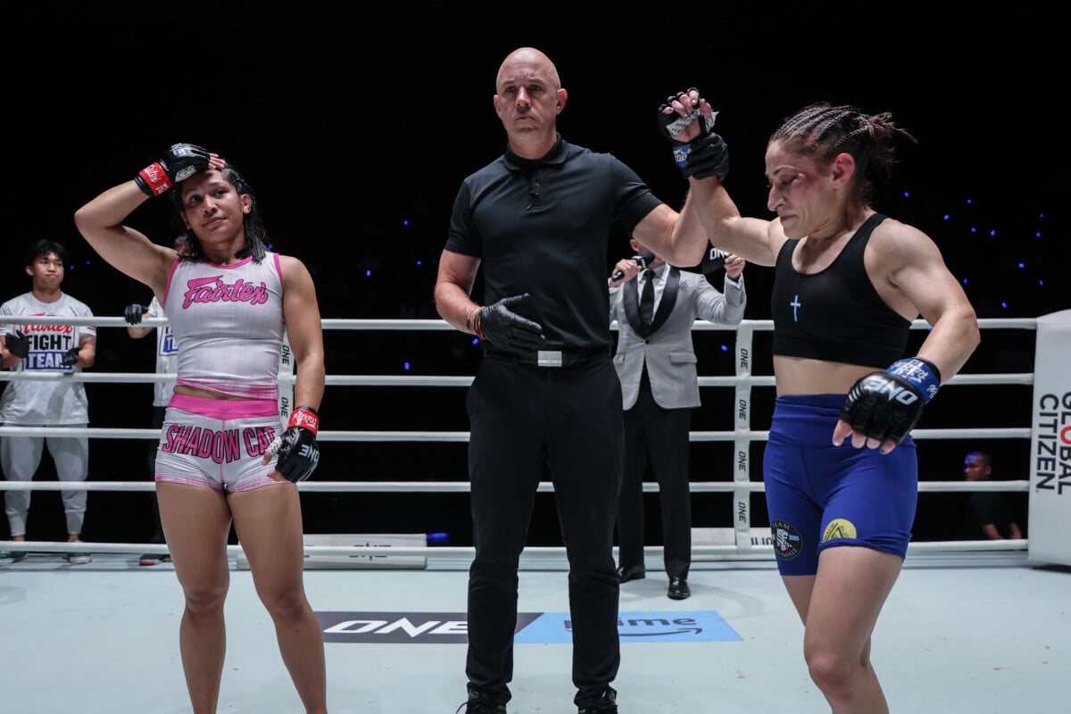 Anastasia Nikolakakos gets her hand raised against Jihin Radzuan at ONE Fight Night 45.