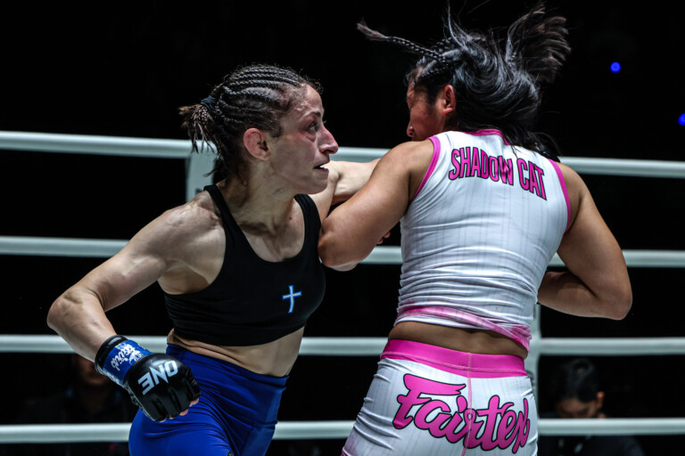 Anastasia Nikolakakos punches Jihin Radzuan at ONE Fight Night 45.