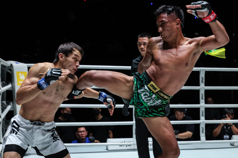 Mongkoldetlek Por Pim-on lands a kick on Utkirzhon Khamidov at ONE Friday Fights 163.