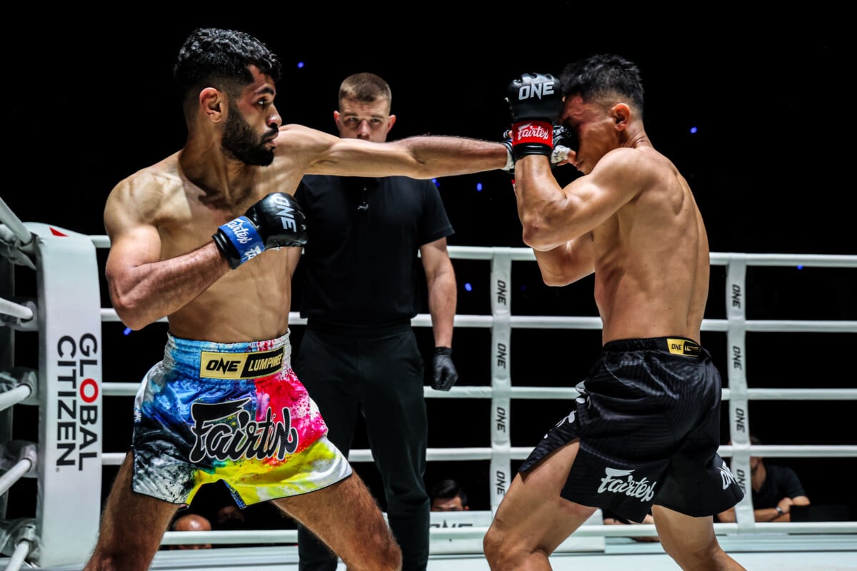 Akram Hamidi connects with a left punch against Watcharaphon Laochokcharoen at ONE Friday Fights 164.