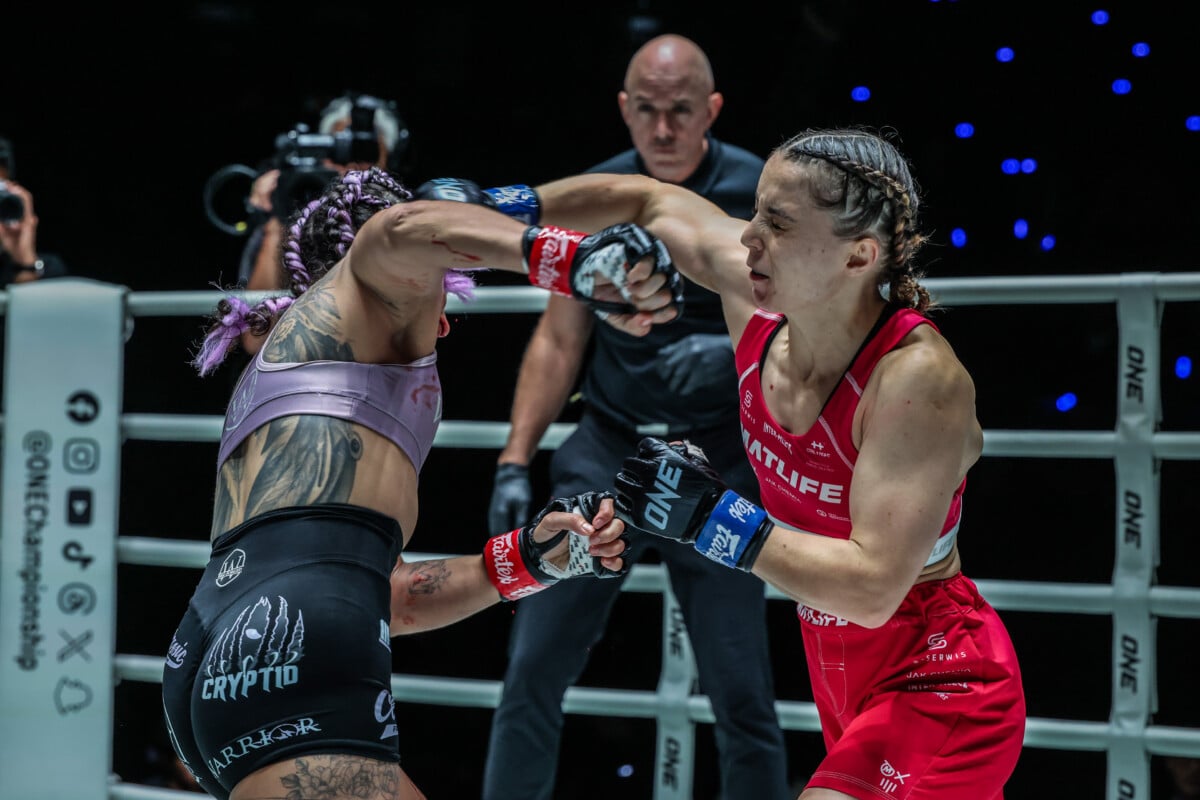 Magdalena Czaban fires an overhand right on Natalie Salcedo at ONE Fight Night 46