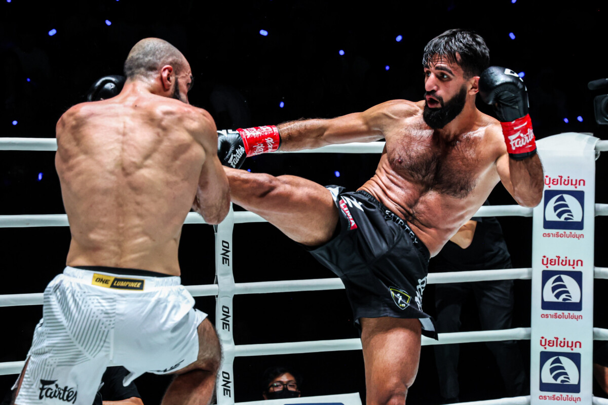 Marat Grigorian throws a middle kick at Mamuka Usubyan at The Inner Circle 25.