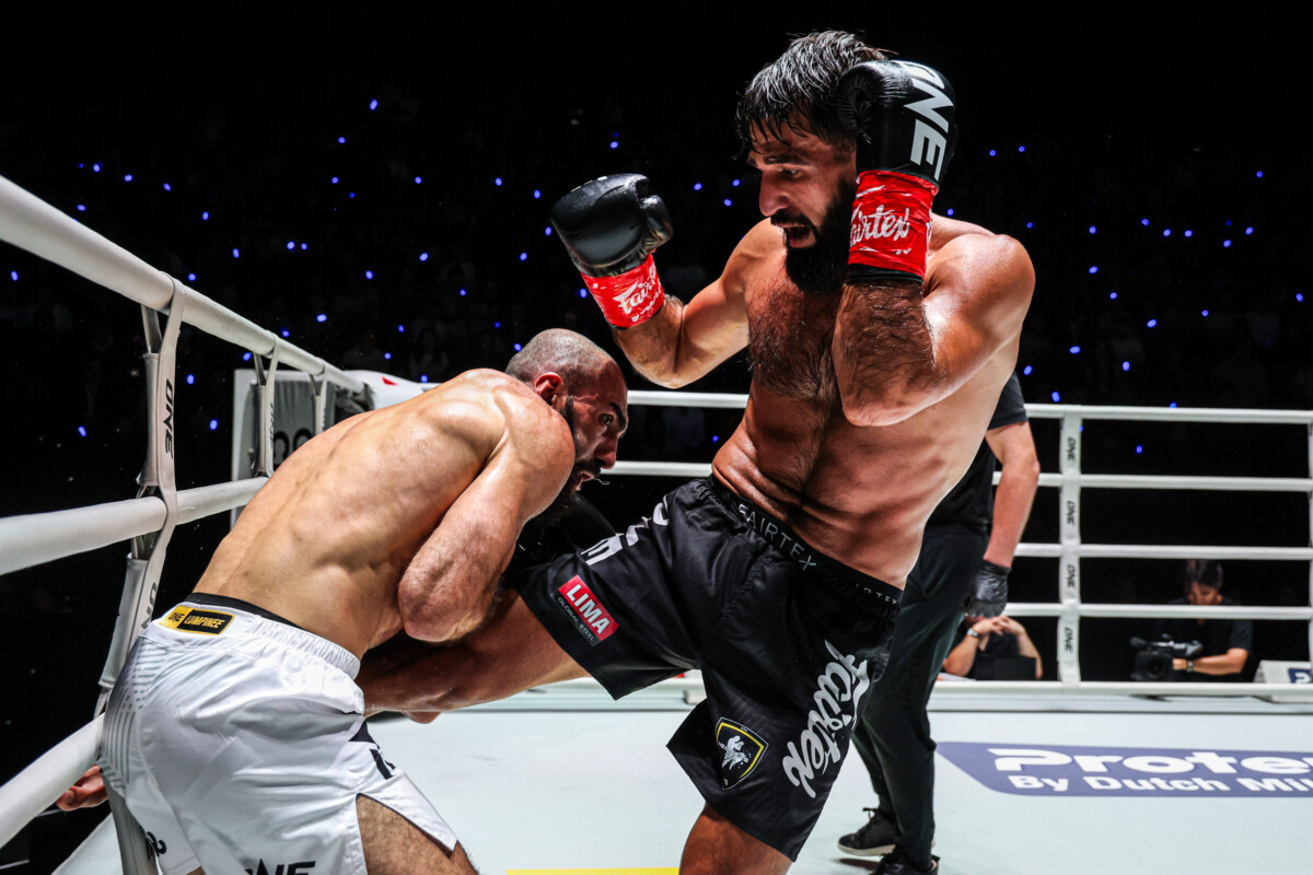 Marat Grigorian throws a low kick at Mamuka Usubyan at The Inner Circle 25.