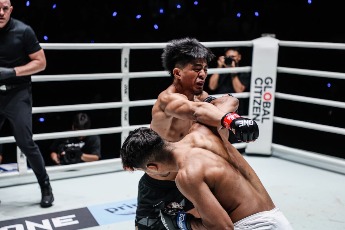 Marcos Aurelio connects with an overhand right on Jhanlo Mark Sangiao at ONE Fight Night 46
