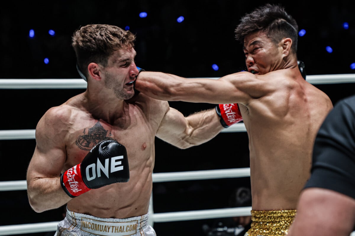 Nico Carrillo lands a left hand on Zhou Jiaqiang at ONE Fight Night 46