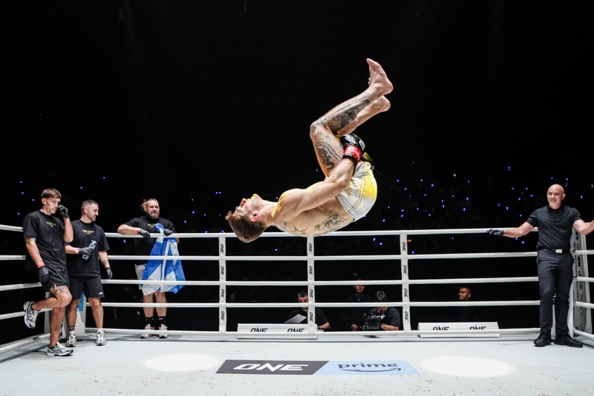 Nico Carrillo celebrates his win over Zhou Jiaqiang at ONE Fight Night 46
