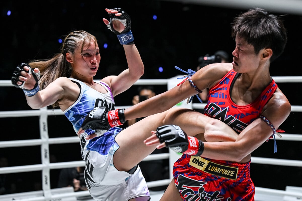 Saya Ito fires a middle kick on Nongnuk at The Inner Circle 26 6