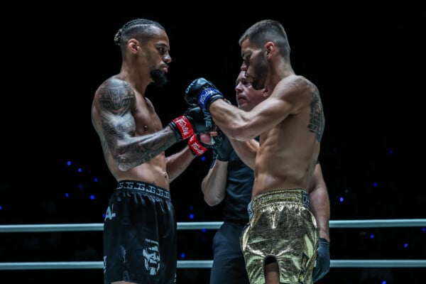 Regian Eersel and George Jarvis touch gloves before the action gets underway at ONE Fight Night 34
