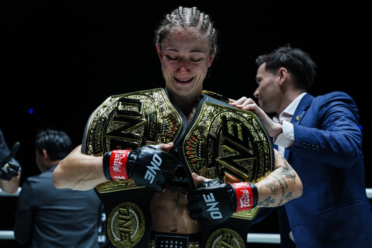 Stella Hemetsberger with her two belts after beating Natalia Diachkova at ONE Fight Night 46