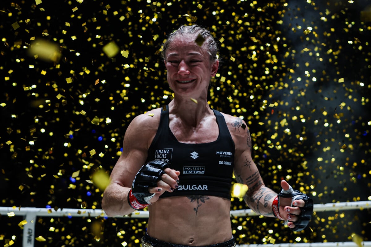 Stella Hemetsberger celebrates her win over Natalia Diachkova at ONE Fight Night 46