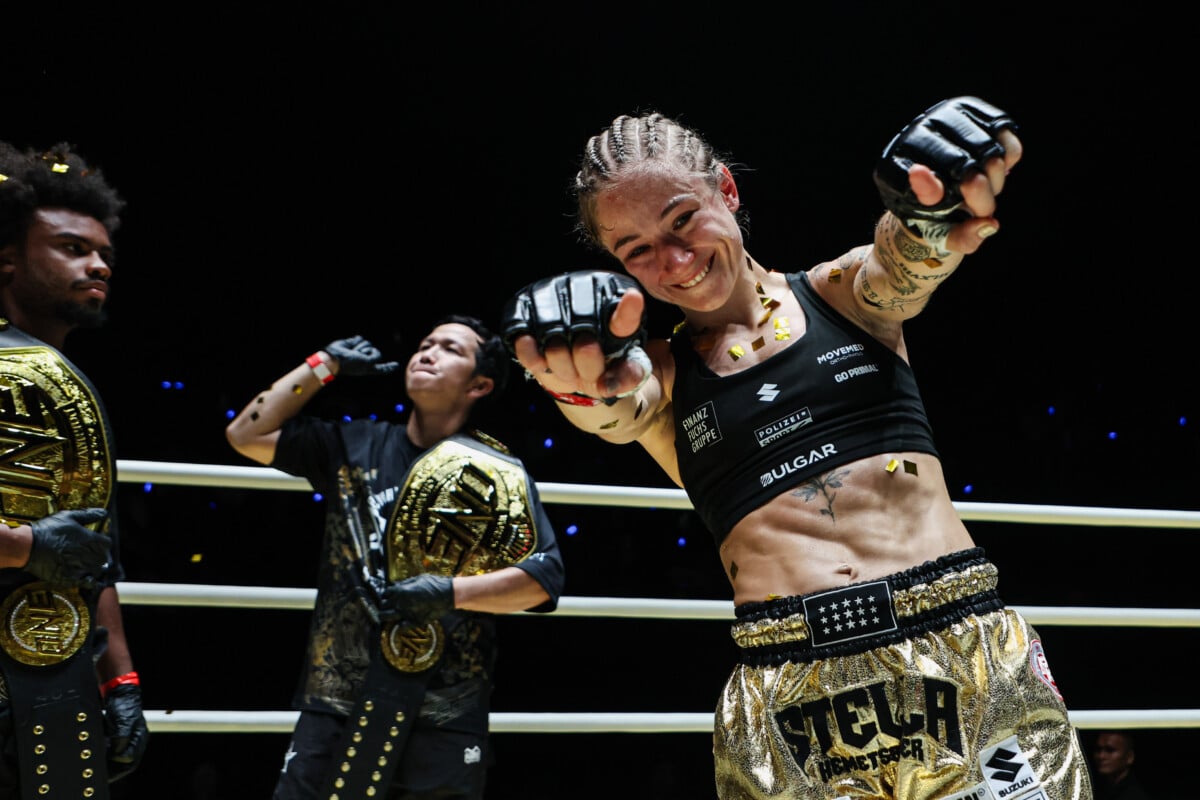 Stella Hemetsberger celebrates her win over Natalia Diachkova at ONE Fight Night 46