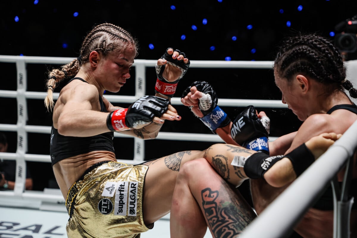 Stella Hemetsberger lands a body kick on Natalia Diachkova at ONE Fight Night 46