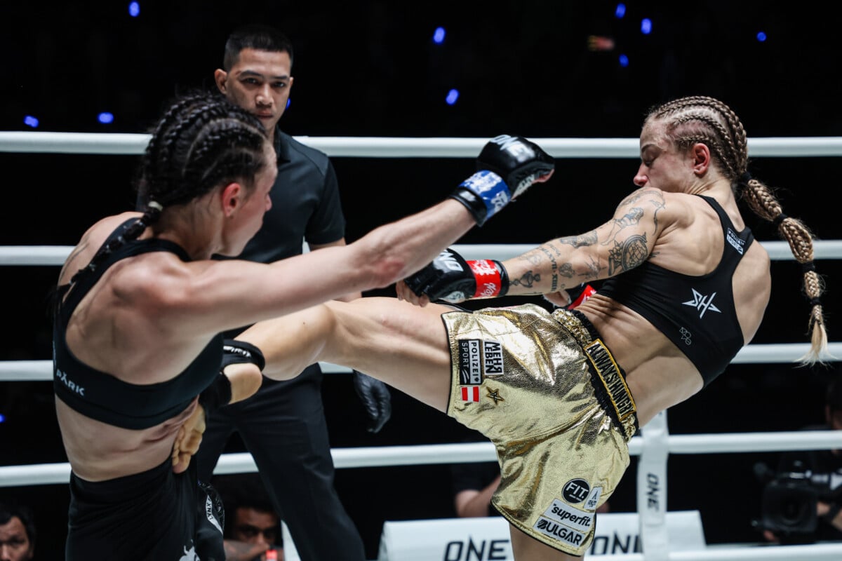 Stella Hemetsberger lands a body kick on Natalia Diachkova at ONE Fight Night 46