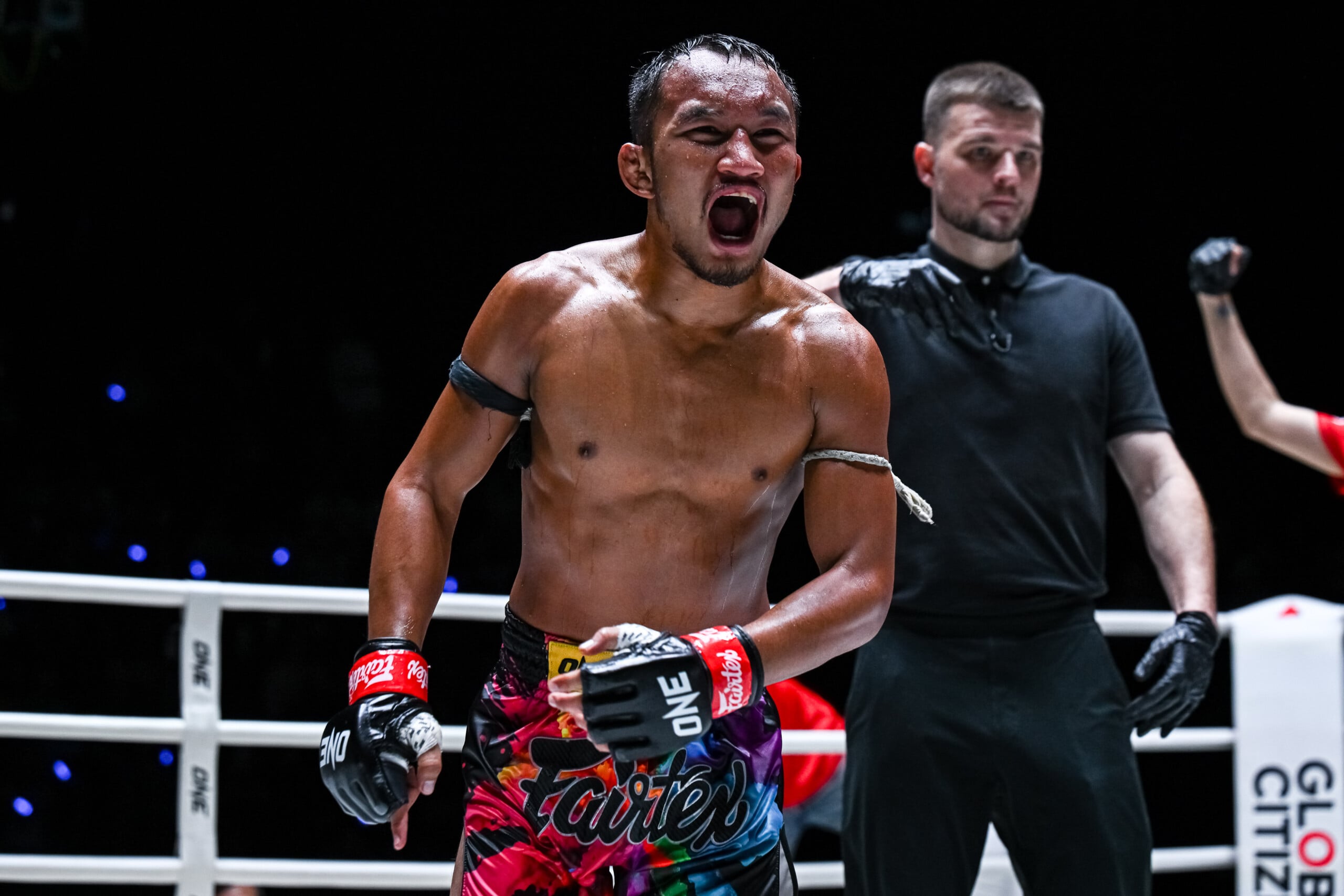 Yokkiri TN Muaythai celebrates his win at ONE Friday Fights 167.