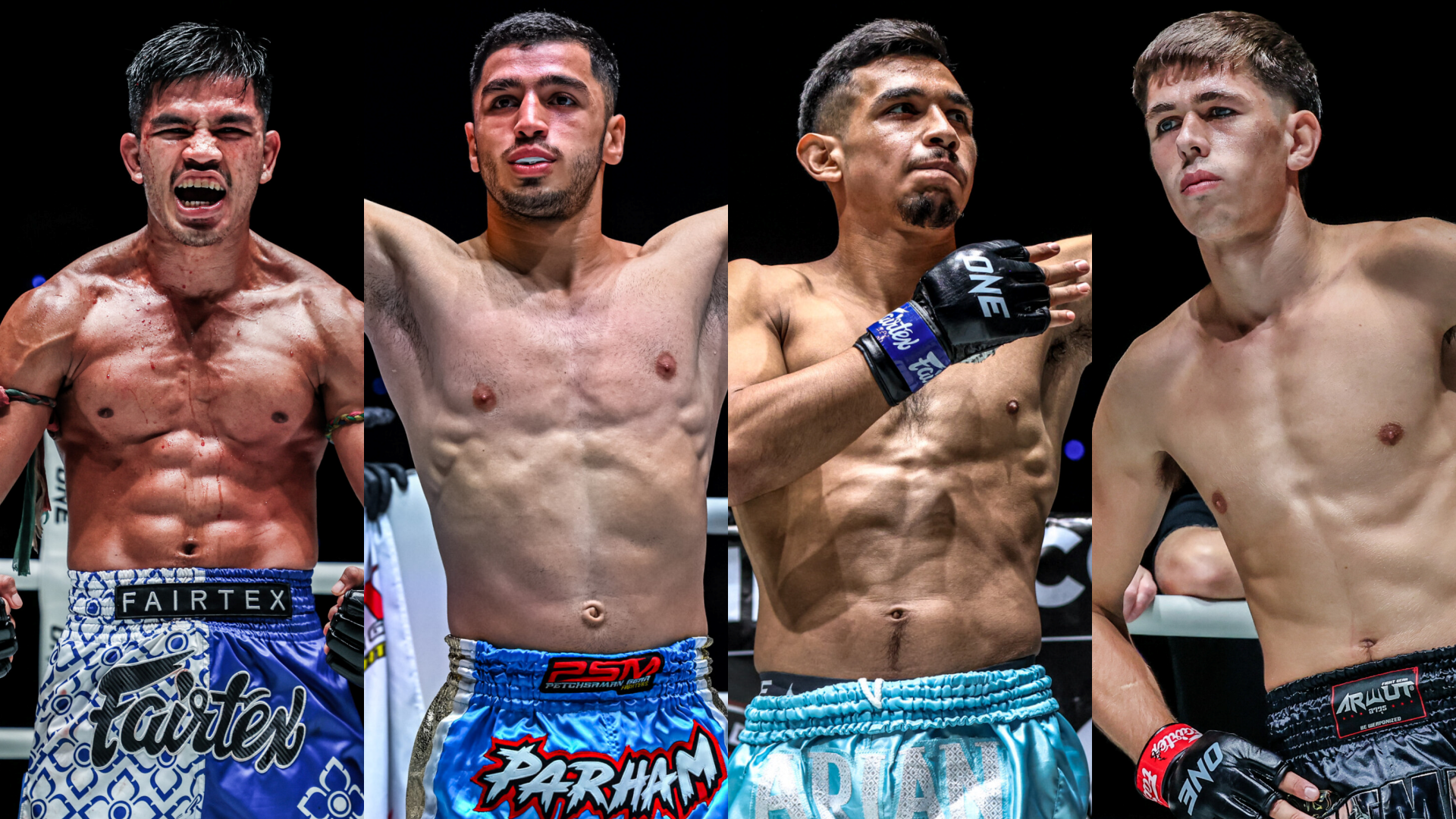 From left to right: Nakrob, Parham Gheirati, Arian Esparza, and Sam Fitzgerald are set for action at ONE Fight Night 48