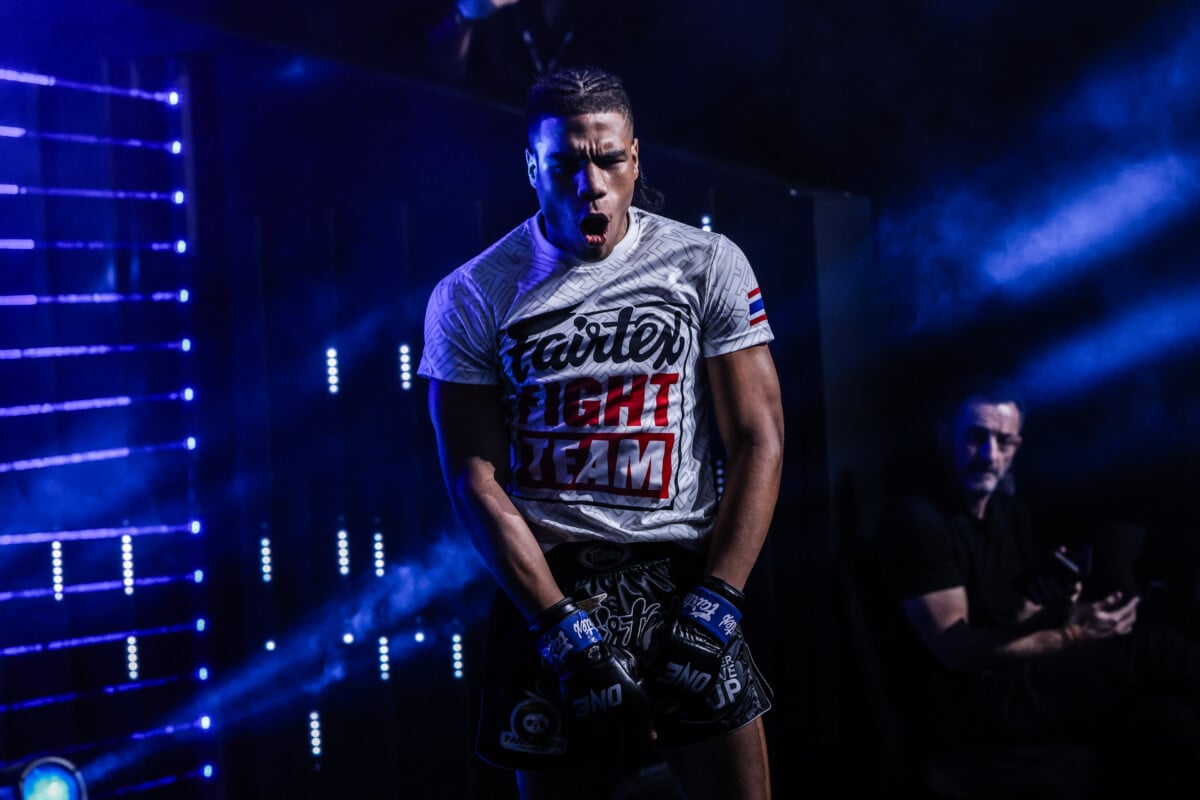Jordan Estupinan walks to the ring to fight Jaosuayai Mor Krungthepthonburi at ONE Fight Night 47