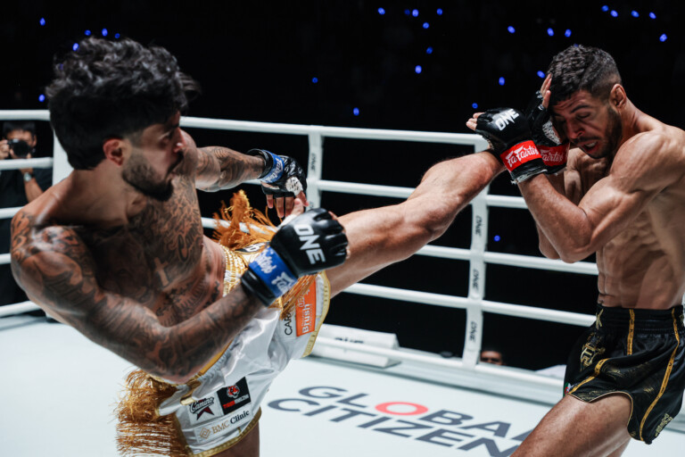 Ricardo Bravo lands a high kick on Mohamed Younes Rabah at ONE Fight Night 47