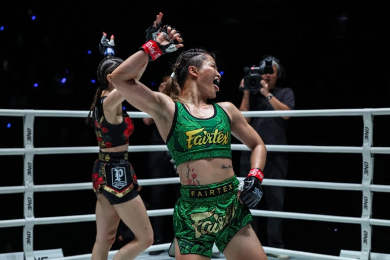 Stamp Fairtex celebrates her victory over Selina Flores at ONE Fight Night 47