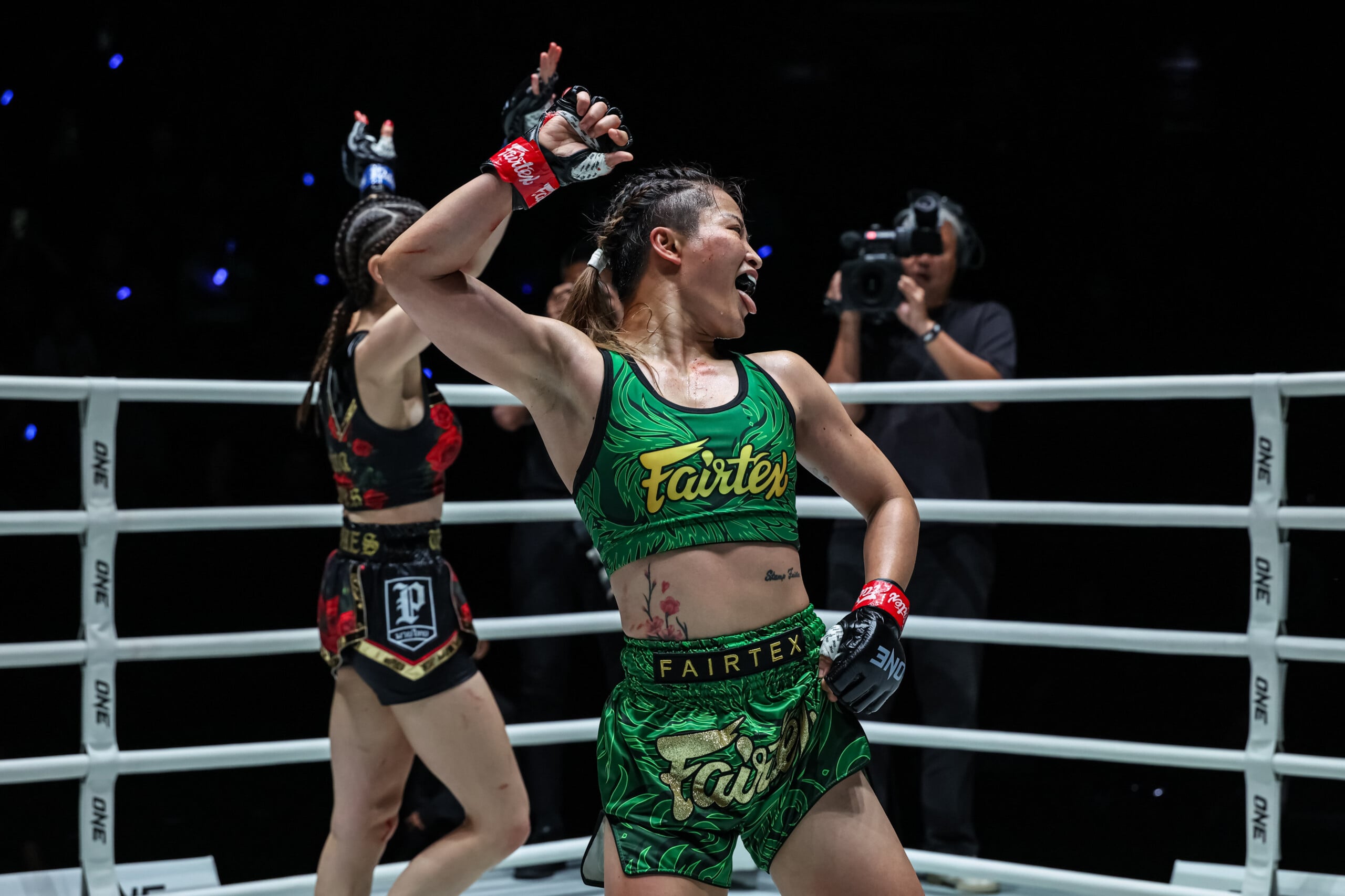 Stamp Fairtex celebrates her victory over Selina Flores at ONE Fight Night 47