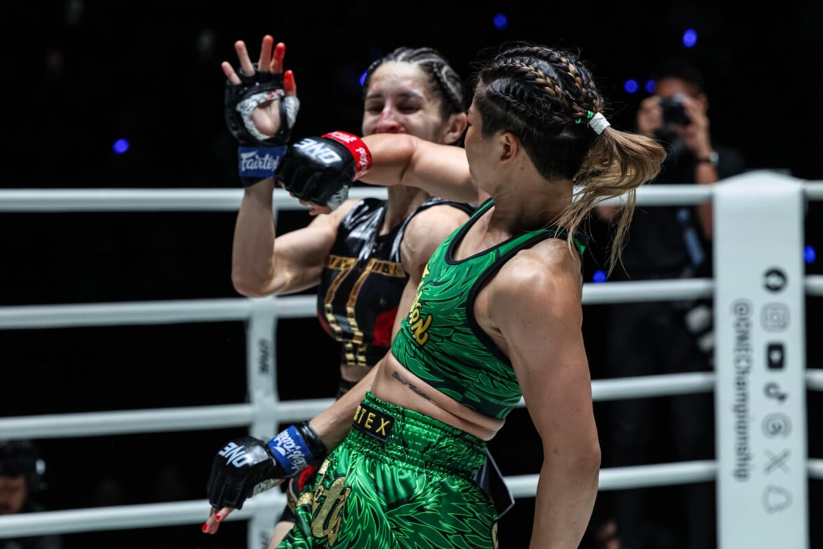 Stamp Fairtex goes for spinning attack on Selina Flores at ONE Fight Night 47