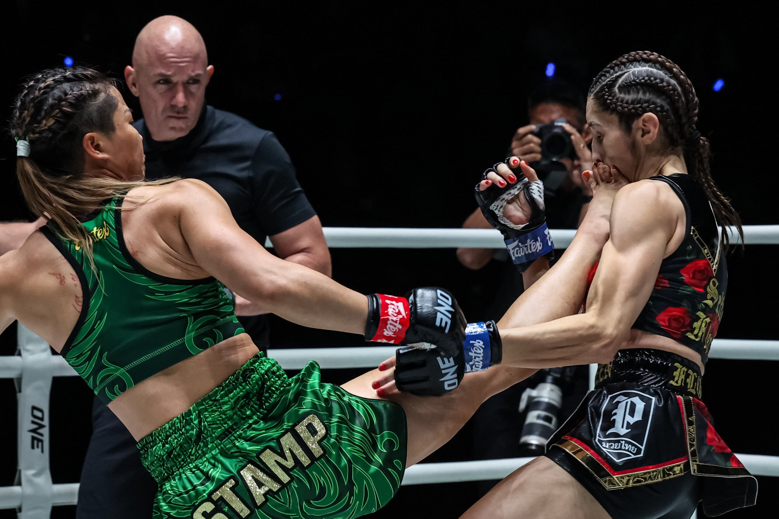 Stamp Fairtex fires a teep on Selina Flores at ONE Fight Night 47