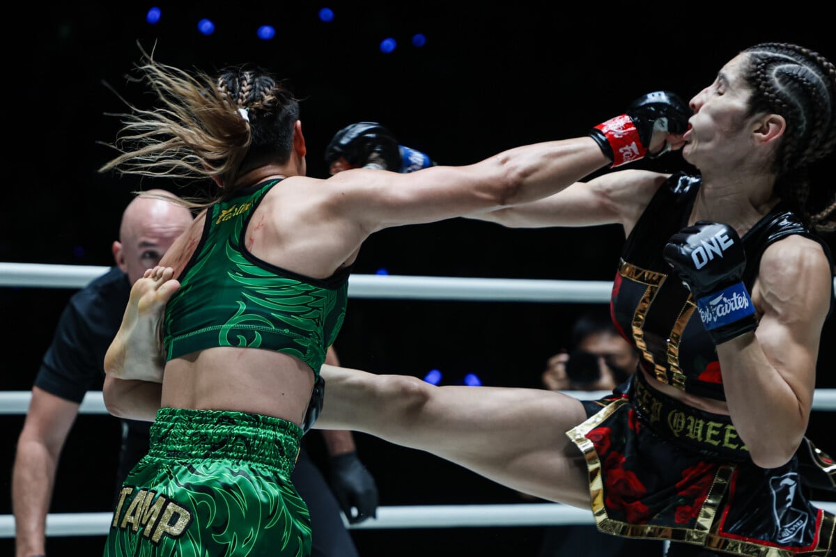 Stamp Fairtex throws a right hand on Selina Flores at ONE Fight Night 47